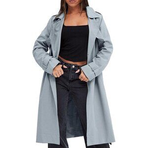 Women's Blue Double-Breasted Trench Coat, Casual Windproof Overcoat with Belt